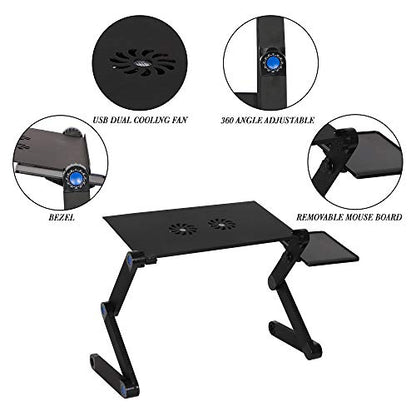 Foldable Aluminum Laptop Desk Adjustable Portable Laptop Table Stand with 2 CPU Cooling Fans and Mouse Pad Ergonomic Lap Desk for Bed and Sofa Up to 17 Inches