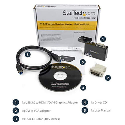 StarTech USB 3.0 to HDMI / DVI Dual Monitor Adapter Cable, 2048 x 1152, TAA | USB to HDMI and DVI-I external graphics, USB powered, DVI to VGA adapter included, Mac and Windows