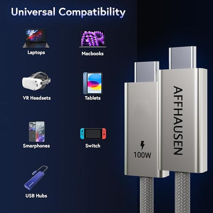 AFFHAUSEN USB-C to USB-C Cable 3ft, 100W Fast Charging, Braided, White | USB-C to USB-C | 100W Power Delivery | Braided Nylon | White | Universal — Laptops, Phones & Tablets - size: 3FT