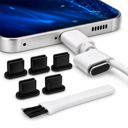 PortPlugs USB-C Dust Plugs (5-Pack), Solid Aluminum Port Protectors with Cleaning Brush and Cord Clips for iPhone, Samsung, Android, MacBook, Laptops and USB-C Devices (Black) - color: Black - 5 Pack