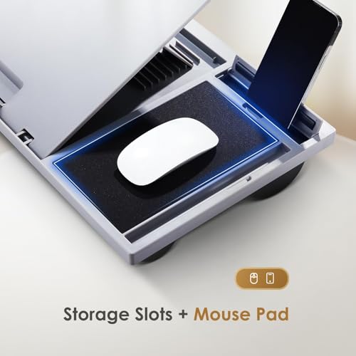 Adjustable Laptop Desk with Cushion, Mouse Pad & Cellphone Slot - Laptop Stand for Bed & Couch, Riser for Home & Office (Grey) | Built-in mouse pad, phone & pen slots, dual-cushion base, anti-slip design, raises the screen, for home office, bed, sofa - co
