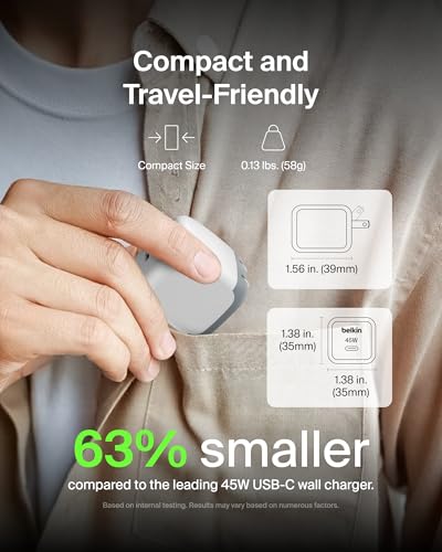 Belkin 45W Compact USB C Charger Block, Fast Charging for Travel | PD 3.1, PPS, Travel Charger, Chromebook, iPad, iPhone 17, Samsung Galaxy, Pixel, Nintendo Switch 2, Foldable Prongs - color: White, style: Single Pack