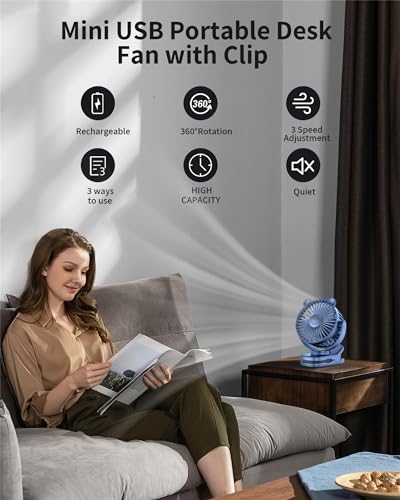 GOTOTO Clip on Fan, Rechargeable Portable Fan with 2000mAh Battery Operated, Small Fan with Powerful Clip Design, 3 Wind Speed, 360° Rotation, Ultra-Low Noise Level Personal Fan for Travel - color: Blue