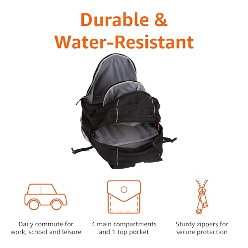 Amazon Basics Padded Laptop Backpack with Water Bottle Pockets, Travel Work Bag with Compartments, Fits Up to 17-Inch Laptops, Black