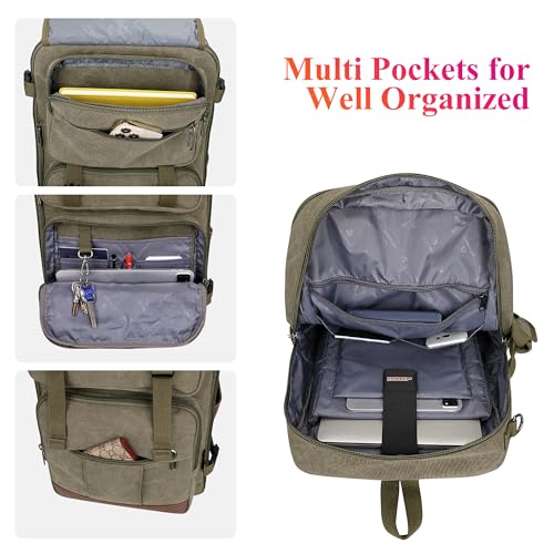 WITZMAN Canvas Travel Backpack for Men Large Laptop Backpack Fits 16 Inch | Expandable 32L to 42L, Carry-on Airline Approved Convertible Shoulder Rucksack, For Vacation, Overnight Trip, A6617 Green - color: Army Green