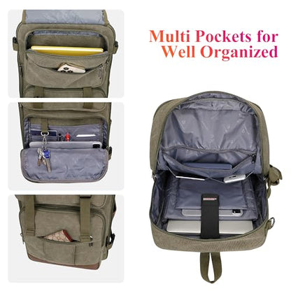 WITZMAN Canvas Travel Backpack for Men Large Laptop Backpack Fits 16 Inch | Expandable 32L to 42L, Carry-on Airline Approved Convertible Shoulder Rucksack, For Vacation, Overnight Trip, A6617 Green - color: Army Green