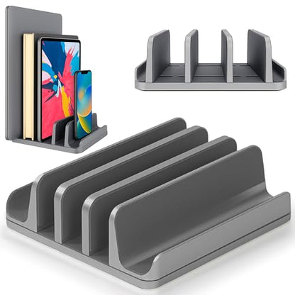 Multiple Laptop Holder Vertical – Adjustable Laptop Vertical Stand Holds 5 Devices, Fits All MacBooks Laptops Tablets and Mobiles (up to 17.3”). Closed Upright Vertical Laptop Stand for Desk - color: Grey