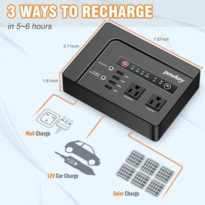 powkey 200W Portable Power Bank with AC Outlet 120V, 146Wh Power Station | Rechargeable Backup Lithium Battery Powered, Pure Sine Wave AC Outlet for Outdoor RV Trip Travel Home Office Emergency - color: Black