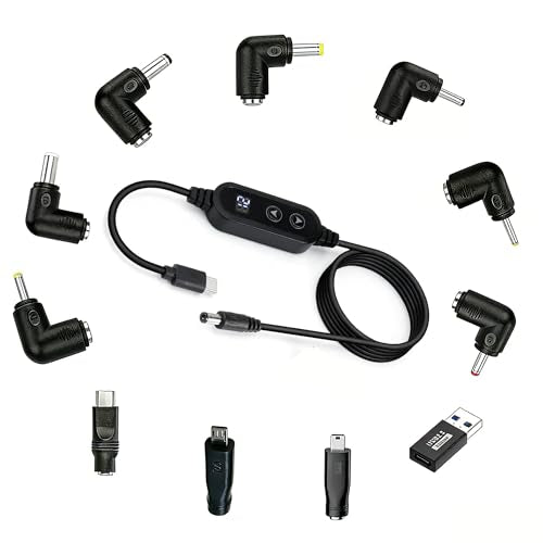 USB C to DC Cable and Adapter, Barrel PD Trigger Cable(4ft) with 11 Connector Tips, USB to DC Power Cable with Switching Voltage by Pressing The Key, Support LED Display Voltage