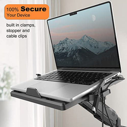 Klearlook 2in1 Laptop Stand - Full Motion Monitor Mount with Adjustable Tray & Extension Arm, VESA Plate 75x75/100x100mm, Clamp & Grommet Mounting