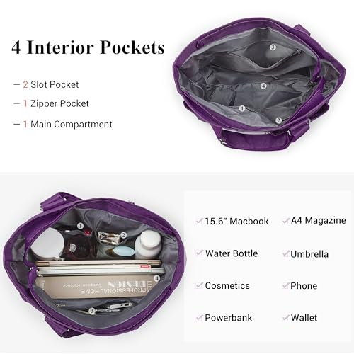 VOLGANIK ROCK Canvas Tote Bag Waterproof Nylon Multi Pocket Shoulder Bags Laptop Work Bag Teacher Purse Handbag for Women Men - color: Purple-new