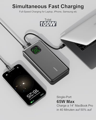 65W Power Bank, 25000mAh Travel Essential USB C Laptop Portable Charger, 101W Total Fast Charging Battery Pack for MacBook Dell XPS iPad Tablet Steam Deck iPhone 17-12 Series Samsung Switch and More