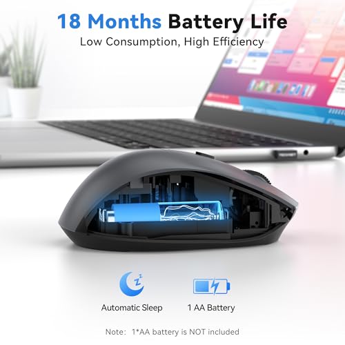TECKNET Wireless Mouse for Laptop, Dual-Mode Bluetooth Wireless Mouse | (BT5.2/3.0 & 2.4G) Connection, Ergonomic Design, 5-Level DPI, Silent Click, Compatible with Laptop/PC/Windows/Chromebook - color: Dark Grey