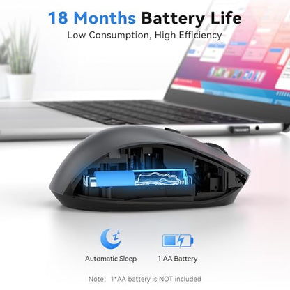 TECKNET Wireless Mouse for Laptop, Dual-Mode Bluetooth Wireless Mouse | (BT5.2/3.0 & 2.4G) Connection, Ergonomic Design, 5-Level DPI, Silent Click, Compatible with Laptop/PC/Windows/Chromebook - color: Dark Grey