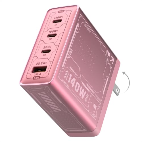 Mfish E-Rhino 140W USB-C Charger, True PD 3.1 GaN Fast Charger, 4-Port (3 USB-C + 1 USB-A) Foldable Plug Power Adapter for MacBook Pro 16”, iPhone 17/16, iPad, Galaxy, Tablet, Laptop, Pink - color: 140W-Pink