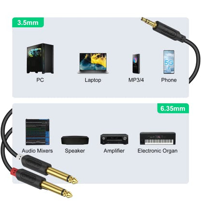 J&D 3.5mm 1/8 inch TRS Male to Dual 6.35mm 1/4 inch TS Male Mono Stereo Y-Cable Splitter with Gold Plated Audiowave Series for Amplifiers, Mixer, Audio Recorder, 9 Feet - size: 9 Feet