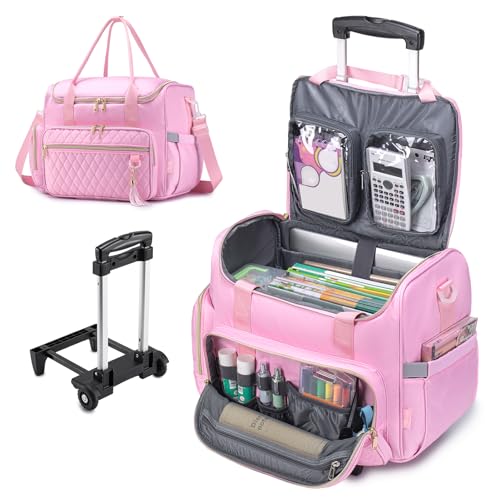 Rolling Laptop Bag 17.3 Inch 3 IN 1 Rolling Briefcase for Women Waterproof Teacher Tote Bag With Wheels - color: Pink