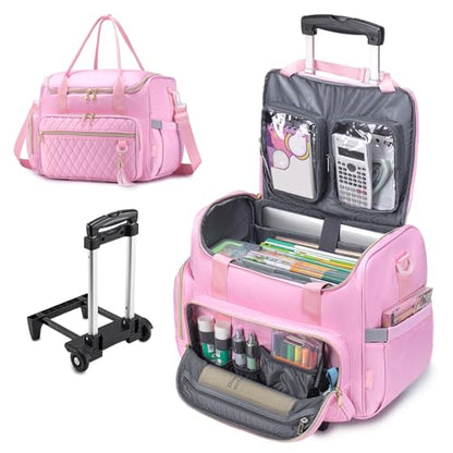 Rolling Laptop Bag 17.3 Inch 3 IN 1 Rolling Briefcase for Women Waterproof Teacher Tote Bag With Wheels - color: Pink