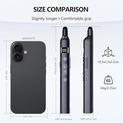 N21 Bluetooth Presentation Clicker for PowerPoint with Retractable Pointer | ①Red laser ②Telescopic touch pen ③Countdown timer, vibration alert ④Customizable Button ⑤Rechargeable;battery level display - color: Black - Red Pointer