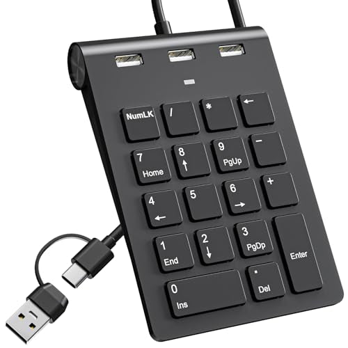 USB C Wired Number Pad, USB Numeric Keypad with 3 USB 2.0 Ports, 18 Key Number Pad Portable Slim Mini Keyboard for Laptop/Desktop/ Surface/ iPad, USB Number Keypad for Windows/MacOS/Chrome OS, Black