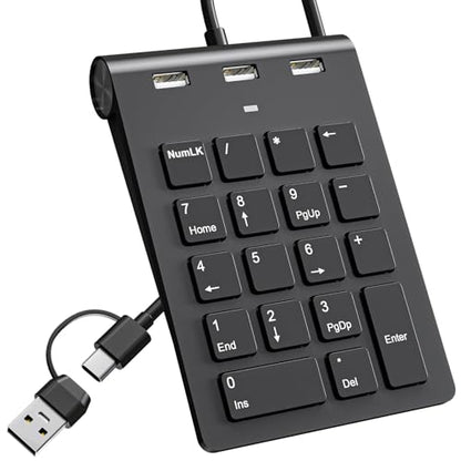 USB C Wired Number Pad, USB Numeric Keypad with 3 USB 2.0 Ports, 18 Key Number Pad Portable Slim Mini Keyboard for Laptop/Desktop/ Surface/ iPad, USB Number Keypad for Windows/MacOS/Chrome OS, Black
