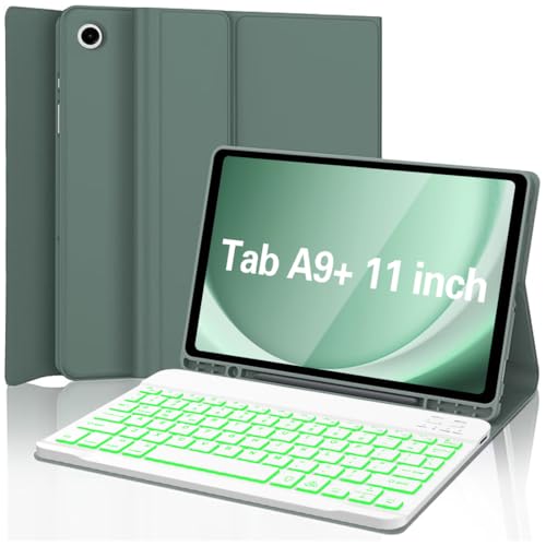 Keyboard Case for Samsung Galaxy Tab A9 Plus 5G 11 inch 2023 (SM-X210/X216/X218), 7 Color Backlit Detachable Keyboard Bluetooth, Smart Folio Cover with S Pen Holder for Galaxy Tab A9+ 11"(Dark Green) - color: Dark Green
