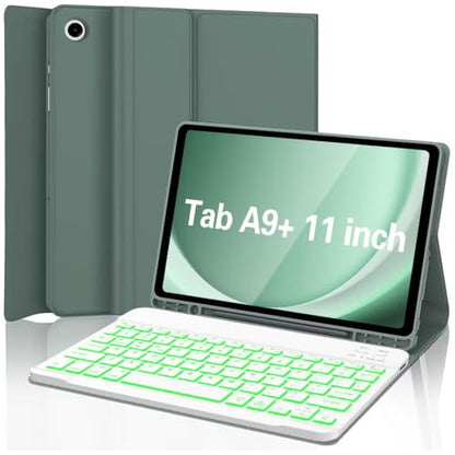 Keyboard Case for Samsung Galaxy Tab A9 Plus 5G 11 inch 2023 (SM-X210/X216/X218), 7 Color Backlit Detachable Keyboard Bluetooth, Smart Folio Cover with S Pen Holder for Galaxy Tab A9+ 11"(Dark Green) - color: Dark Green