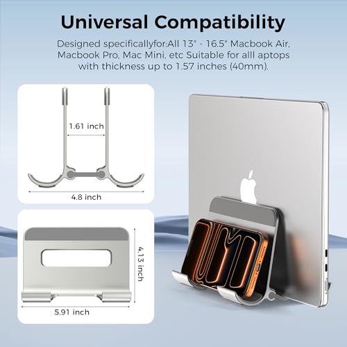 Aluminum Vertical Laptop Stand for Desk, Auto-Locking Adjustable Dock Holder with Dual Slots for Tablet & Phone, Space-Saving Upright Organizer Fits MacBook Pro/Air, Dell, HP, Chromebook (Silver)