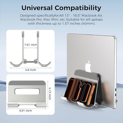 Aluminum Vertical Laptop Stand for Desk, Auto-Locking Adjustable Dock Holder with Dual Slots for Tablet & Phone, Space-Saving Upright Organizer Fits MacBook Pro/Air, Dell, HP, Chromebook (Silver)