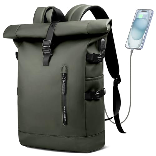 Roll Top Backpack, Waterproof Travel Backpack for Men Women, Expandable Casual Daypack for 15.6 Inch Laptop, Large Capacity Adjustable 18-27L Commute Laptop Backpack for Work Business College-Green - color: Green