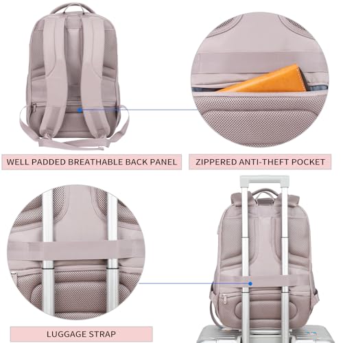 KROSER Travel Laptop Backpack 17 Inch Large Computer Backpack Dusty Pink | Water-Repellent Daypack, USB Charging Port, RFID Pockets, for Work/Business/College/Men/Women, Quilted - color: Quilted Dusty Pink
