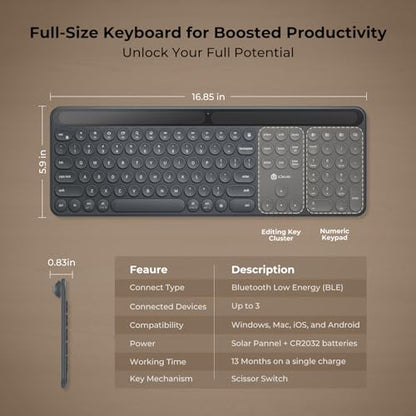 iClever Solar Bluetooth Keyboard, Wireless Keyboard with Solar & Indoor Light Charging, Full Size Keyboard with Numeric Keypad, Multi-Device Bluetooth Keyboard for Mac, Windows, Laptop, PC