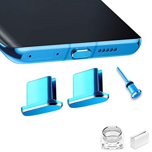 USB C Port Dust Cover Plug Cap 2 Metal Anti Dust Protectors for Smartphone Laptop Charging Port with SIM Card Removal Pin Compatible with Samsung Galaxy S24 S23 S22 S21(Blue) - color: Blue