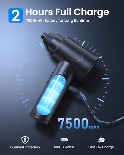 LOXP Electric Air Duster, 150000RPM Compressed Air Duster with LED Light | Powerful, 3 Gears, 7500mAh Battery & Fast Charging, Rechargeable Air Blower for Computer, Keyboard, PC, Car, House & Outdoor