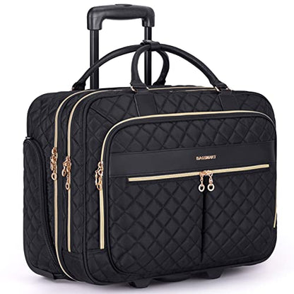BAGSMART Rolling Laptop Bag Women, 17.3-Inch Quilted Briefcase on Wheels, Computer Case for Business Travel Work - color: Black