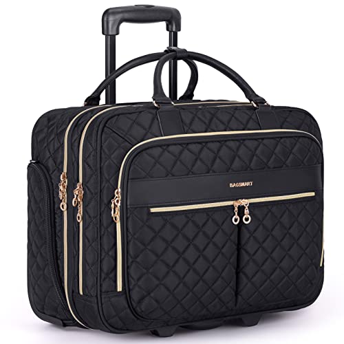 BAGSMART Rolling Laptop Bag Women, 17.3-Inch Quilted Briefcase on Wheels, Computer Case for Business Travel Work - color: Black
