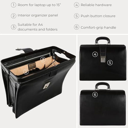 Time Resistance Leather Lawyer Briefcase - Italian Handmade Laptop Briefcase for Men and Women - Attache Case - Doctor Bag - color: Black