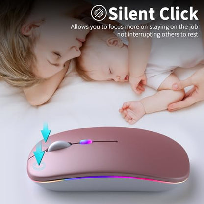 KANMABPC Wireless Bluetooth Mouse – Rechargeable, Silent, Dual Mode (Bluetooth 5.2 & USB) with LED Lights – Portable for Laptop, Desktop, & Tablet(Rose Gold) - color: Rose Gold