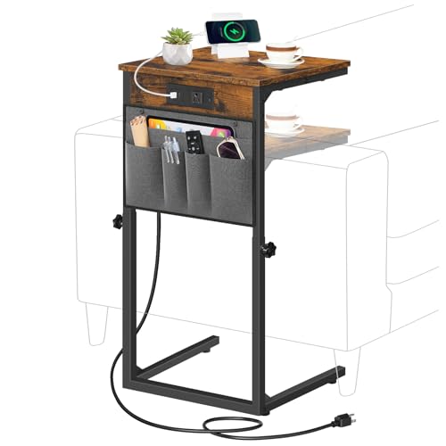 HOOBRO C Shaped End Table with Charging Station, 30” Adjustable Height Sofa Side Table with Storage Pocket, Slide Under Couch Table for Sofa Arm Tray, for Living Room, Bedroom, Rustic Brown BF77USF01 - color: Rustic Brown + Black