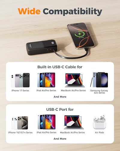TESSAN Portable Charger Power Bank 10000mAh,3-in-1 Built in 30W USB C Cable | 2 USB C (1 Port & 1 Cable), 1 Foldable AC Wall Plug, Portable Charger, Travel Essentials for iPhone 17/16/15 Series, Samsung