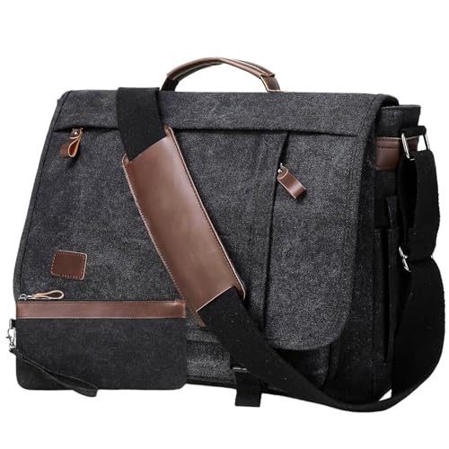 17.3 Inch Messenger Bag for Men: 2PCS Laptop Bag PU Leather Canvas Work Briefcase Large Office - color: Black