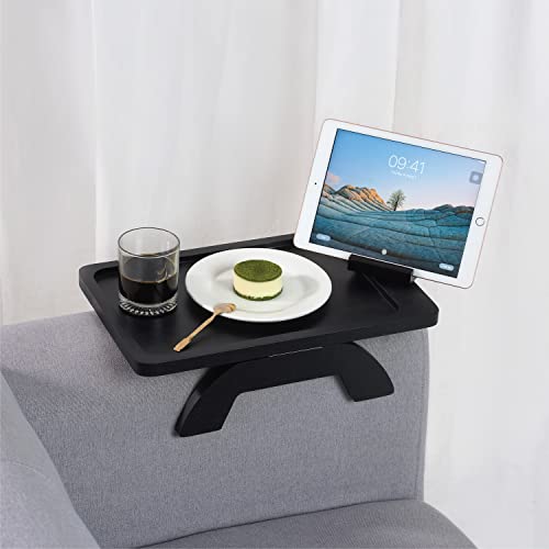 BLUEWEST Sofa Armrest Tray, Acacia Wood Couch Arm Clip on Tray Table with 360° Rotating Phone Holder –Fits Most Couch Arm Sizes–Non-Slip, Space-Saving Arm Table for TV Dinners, Remote, Drinks & Snacks - color: Black, size: Rectangle