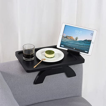 BLUEWEST Sofa Armrest Tray, Acacia Wood Couch Arm Clip on Tray Table with 360° Rotating Phone Holder –Fits Most Couch Arm Sizes–Non-Slip, Space-Saving Arm Table for TV Dinners, Remote, Drinks & Snacks - color: Black, size: Rectangle