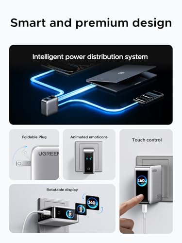UGREEN Nexode Pro Charger, 160W GaN 5-Port Fast USB C Wall Charger Block, Type-C Charging with Smart Display & Touch Control Compatible for MacBook Pro/Air, iPhone 17/16 Series, iPad, Galaxy