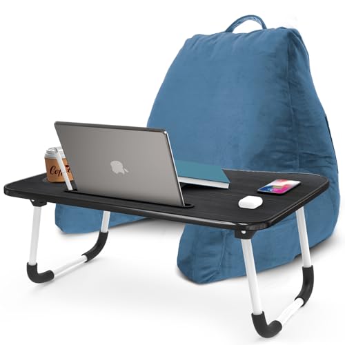 Nestl Reading Pillow with Portable Laptop Lap Desk - Shredded Memory Foam Back Support Pillow for Sitting Up in Bed and Couch Rest Pillows with Arms, Bed Tray Table with Foldable Legs, Blue Heaven - color: Blue Heaven, size: Standard