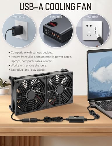 120mm x 2 USB Cooling Fan 5V DC Fan with Speed Control | 240mm Powered Router Fan Cooling for DVR Computer Receiver Xbox TV Box PlayStation Cabinet Modem - size: 240mm USB 5v