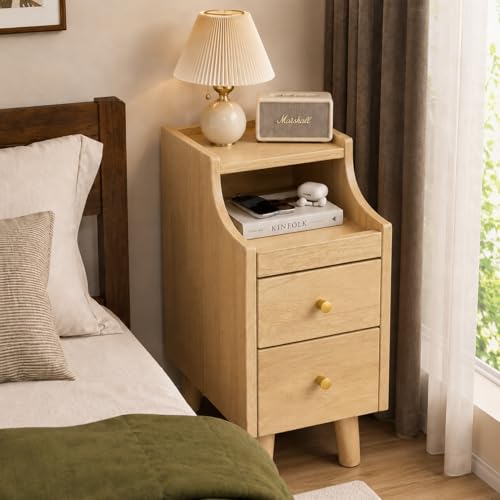 POWERSTONE Narrow Nightstand with 2 Drawers Set of 2, Solid Wood Bedside Table with Pull Out Tray & Cable Hole & Slots, Slim End Side Table for Small Spaces Bedroom, Living Room, Natural - color: Natural