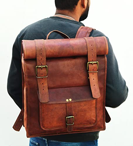 URBAN DEZIRE Men's 17 inch Leather Vintage Roll On Laptop Backpack Rucksack knapsack college bag - size: 14"(L), 18"(Rolled) -(H)- 24"(Open), 4(W)