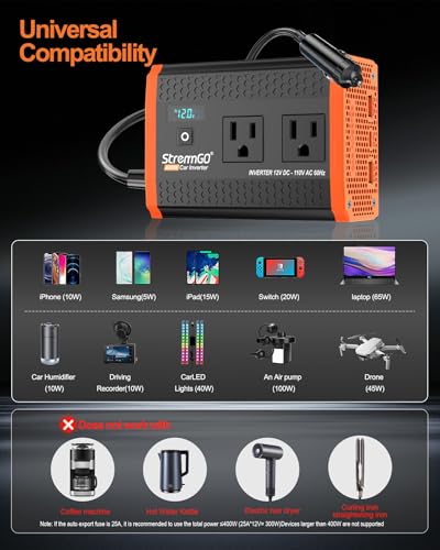 400W Power Inverters for Vehicle Dual AC Car Plug Adapter Outlet | USB 24W/30W Fast Charge, Inverter 12V to110V, Cigarette Lighter Adapter for Laptop/Camping/Road Trippers