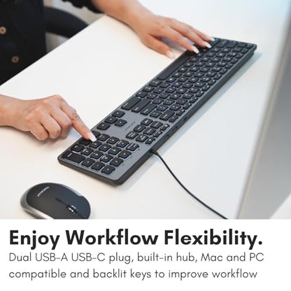 Macally Wired Keyboard for Mac with USB Hub (2X USB-A / 1x USB-C) - Compatible Backlit Apple Keyboard with Dual Interface - Auto OS Detection for Mac, MacBook Pro/Air, iMac, PC, Android, iPad, iOS - color: Space Gray